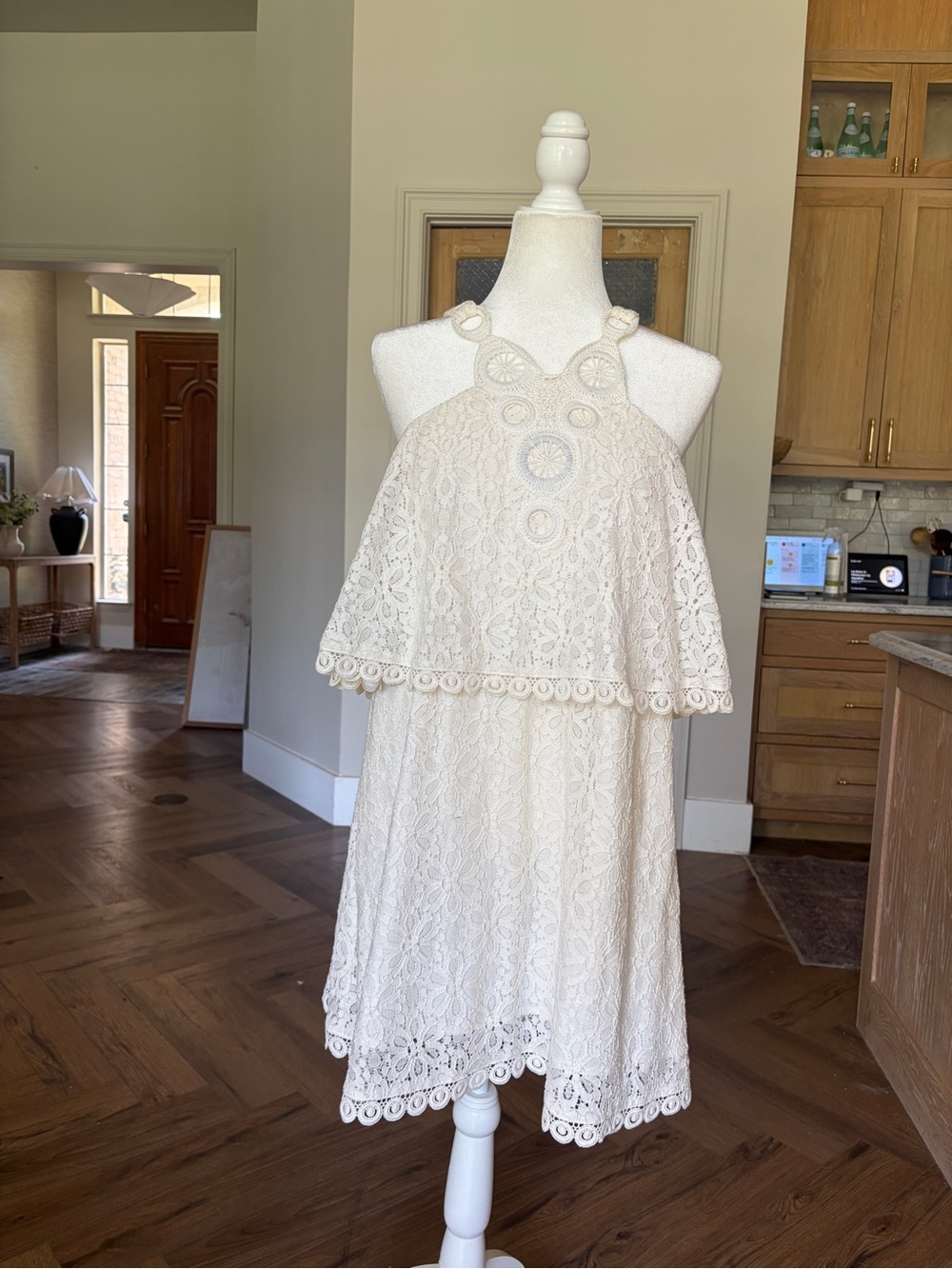 Top Shop lace Ivory Halter mini Dress 60’s  with Crochet Trim size 8 Boho
